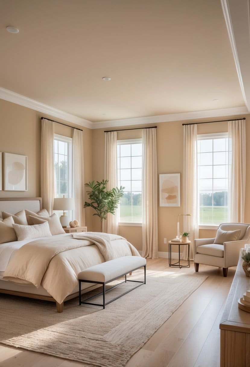 A bright bedroom with beige walls, a large bed with cream bedding, natural wood furniture, and soft natural light coming through sheer curtains.