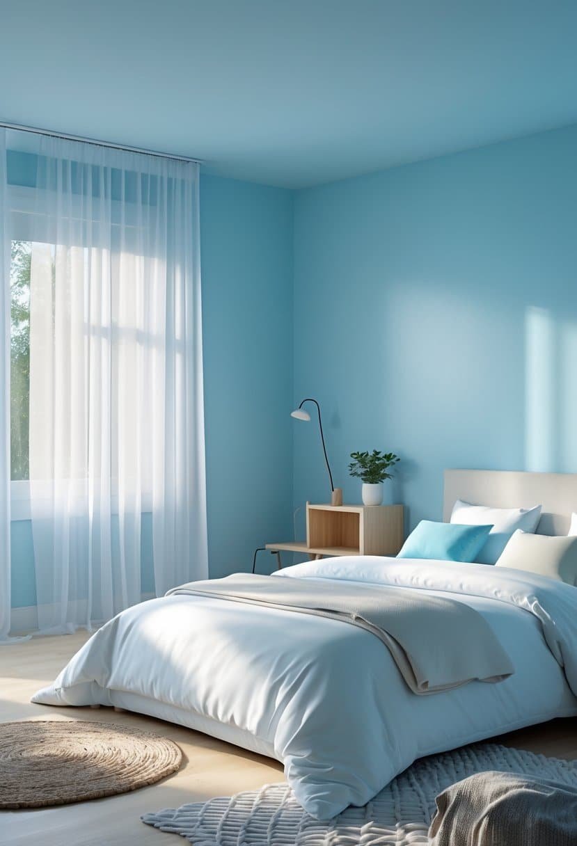 A spacious bedroom with sky blue walls, a large bed with white linens, natural light from a window, and simple wooden furniture.