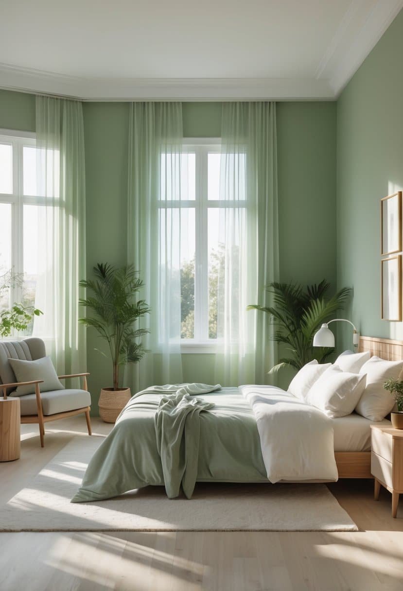 A spacious bedroom with soft moss green walls, a large bed, natural wood furniture, and plants, illuminated by natural light.