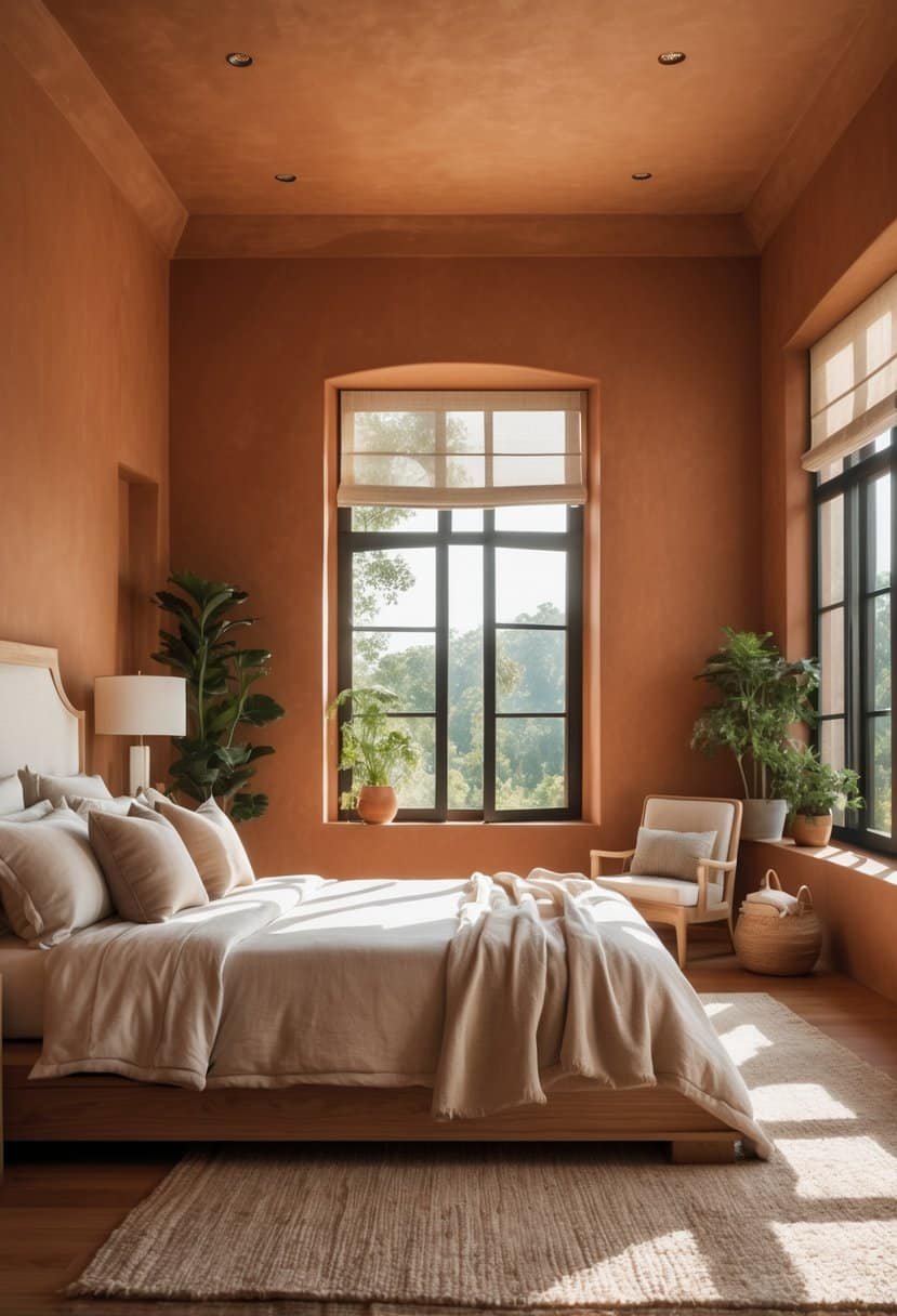 A bedroom with warm terracotta-colored walls, a large bed, wooden furniture, and natural light coming through windows.