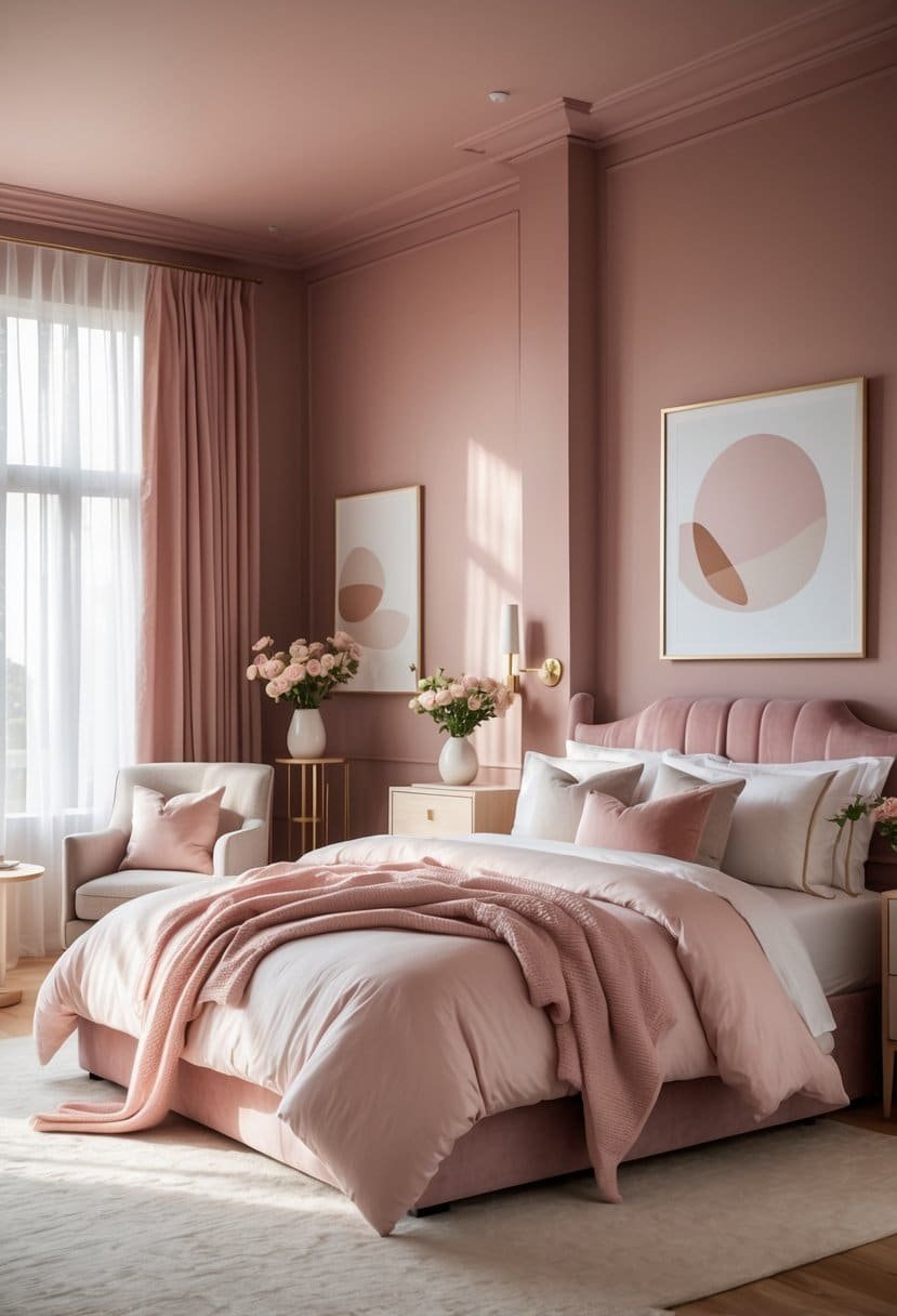 A spacious bedroom with dusty rose-colored walls, a large bed with white and blush bedding, wooden furniture, and natural light coming through sheer curtains.