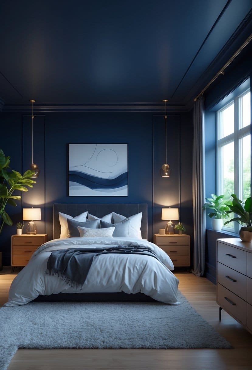 A bedroom with navy blue walls, a large bed, bedside lamps, wooden furniture, and natural light coming through windows.