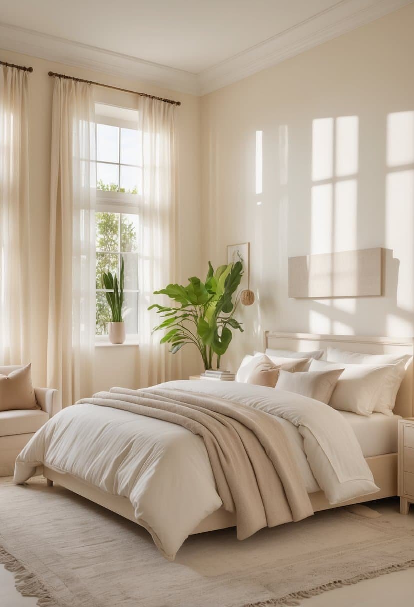 A bright bedroom with creamy off-white walls, a king-sized bed, wooden furniture, and natural light coming through large windows.