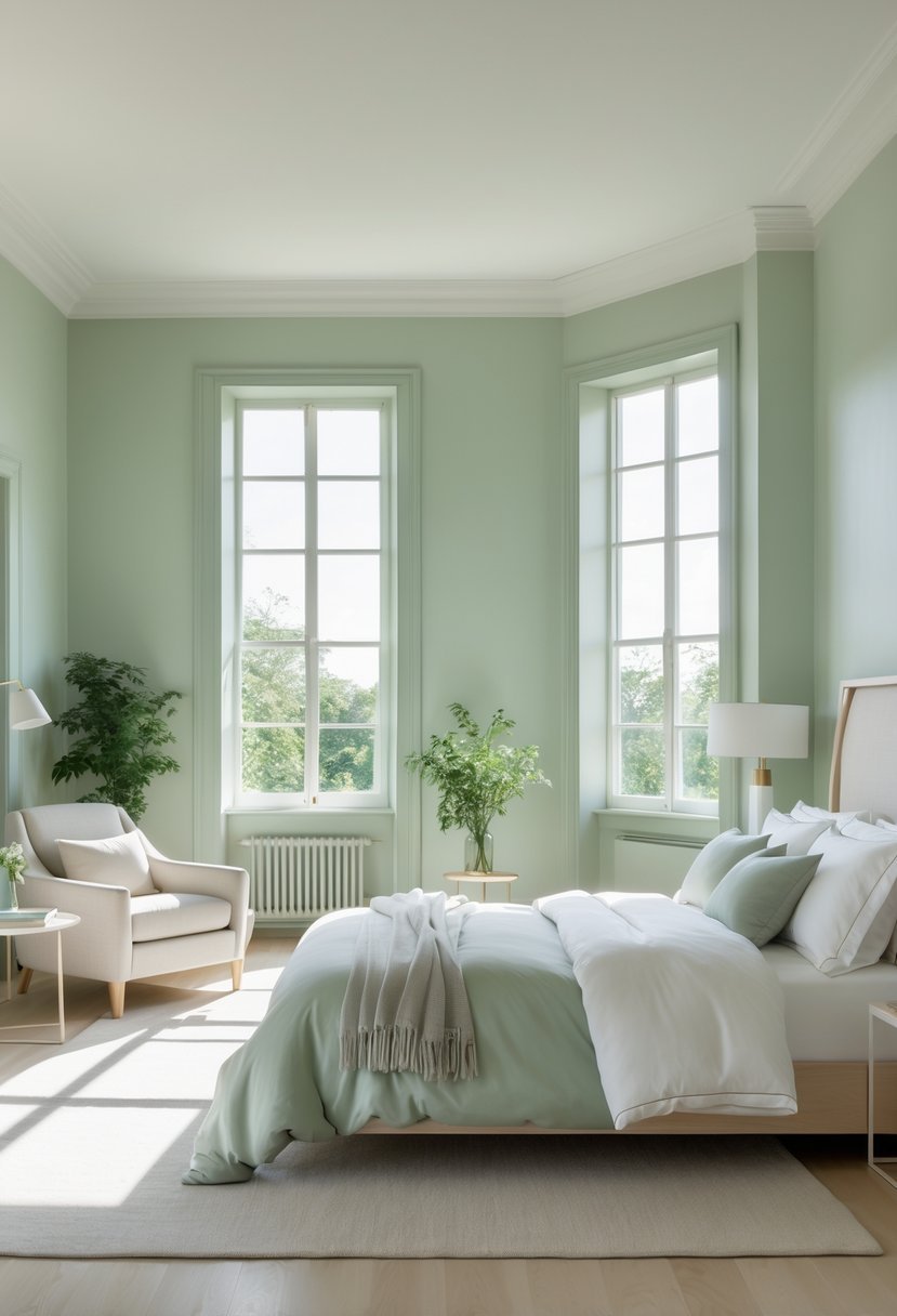 A bright bedroom with pale green walls, a large bed with white linens, wooden flooring, and natural light coming through large windows.
