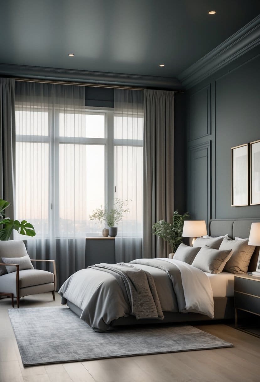 A spacious bedroom with a charcoal gray painted wall, a large bed, bedside table with lamp, an armchair, and natural light coming through sheer curtains.