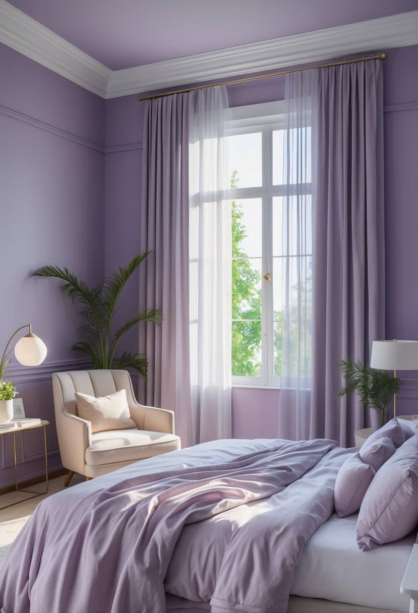 A spacious bedroom with muted lavender walls, a large bed, natural light, and simple decor including plants and a bedside table.