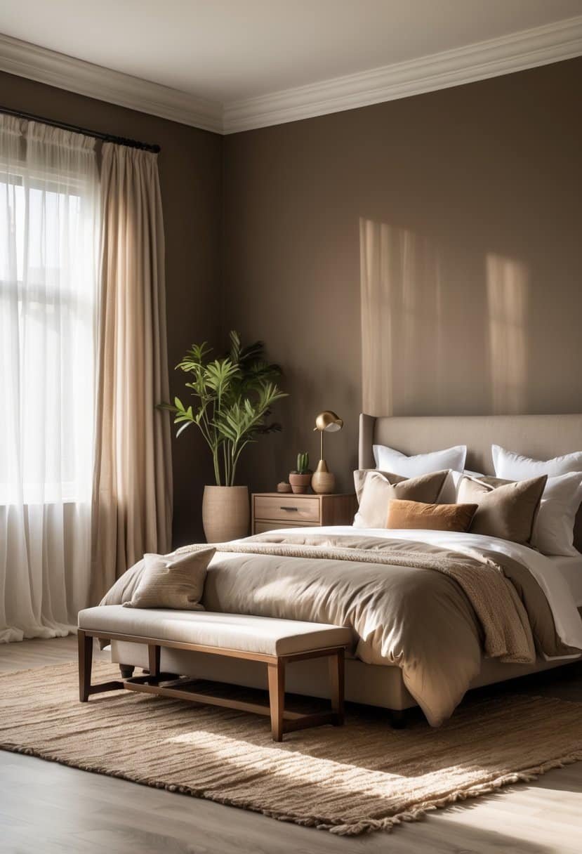A spacious bedroom with rich taupe walls, a large bed, wooden furniture, natural light, and decorative plants.
