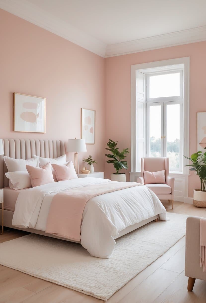 A bright bedroom with blush pink walls, a large bed, bedside tables, an armchair by a window, and decorative plants.