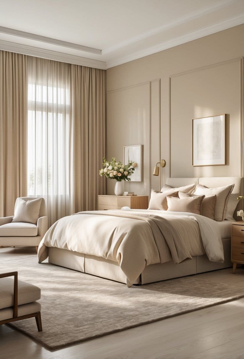 A spacious bedroom with beige walls, a large bed, natural light, and simple furniture.