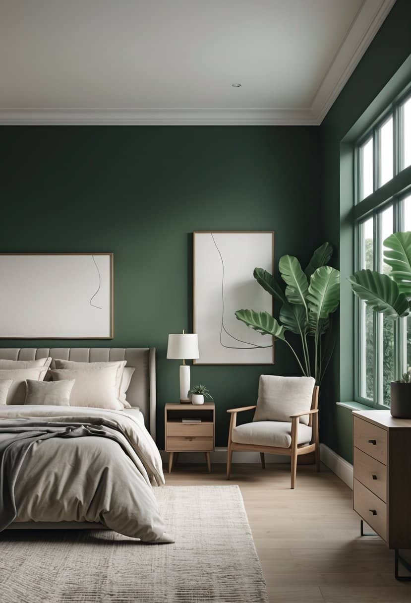 A spacious bedroom with deep forest green walls, a large bed, wooden furniture, plants, and natural light coming through windows.
