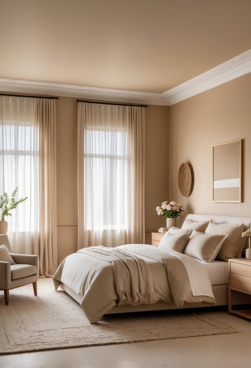 A spacious bedroom with beige walls, a large bed, wooden furniture, and natural light coming through sheer curtains.