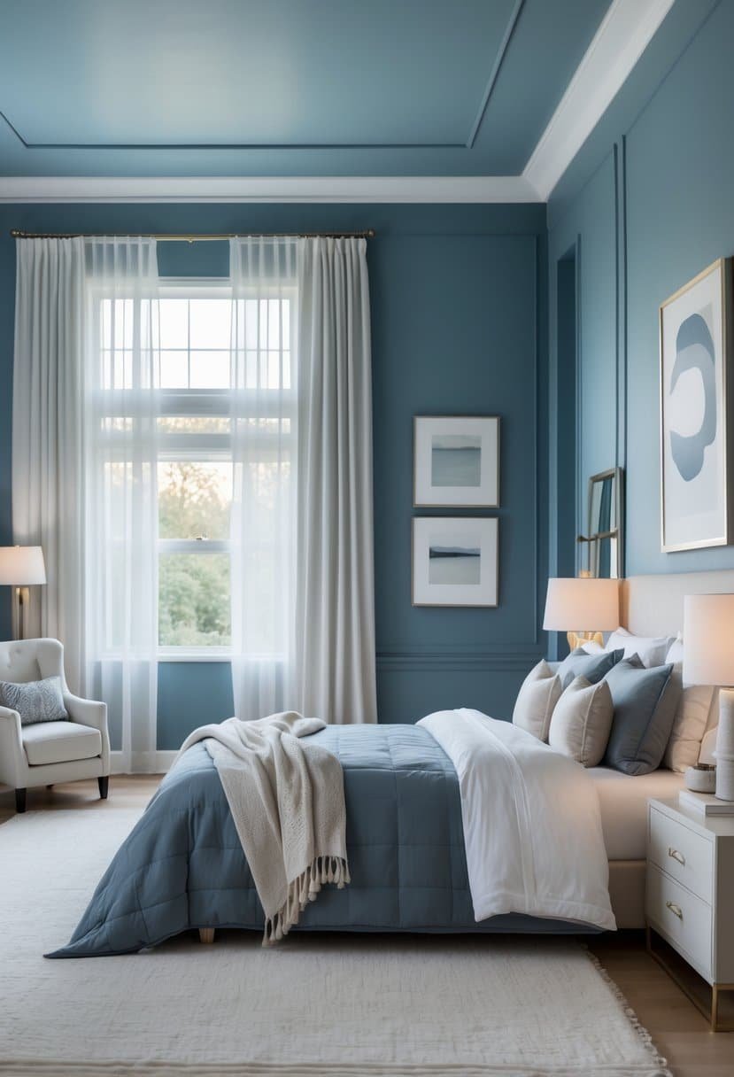 A spacious bedroom with slate blue walls, a large bed, and soft natural light coming through windows.