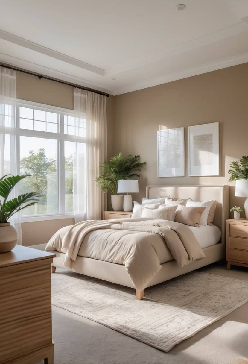A bright bedroom with a large bed, wooden furniture, plants, and natural light coming through windows.