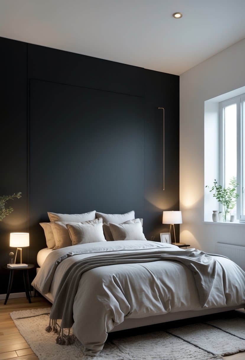 A bedroom with a black accent wall, a bed with neutral bedding, a bedside table with a lamp, and natural light coming through a window.