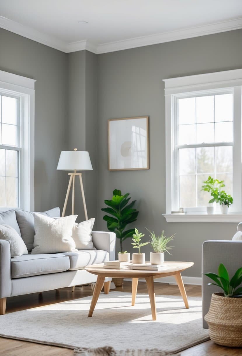 A living room painted in warm gray with a sofa, coffee table, plants, and large windows letting in natural light.