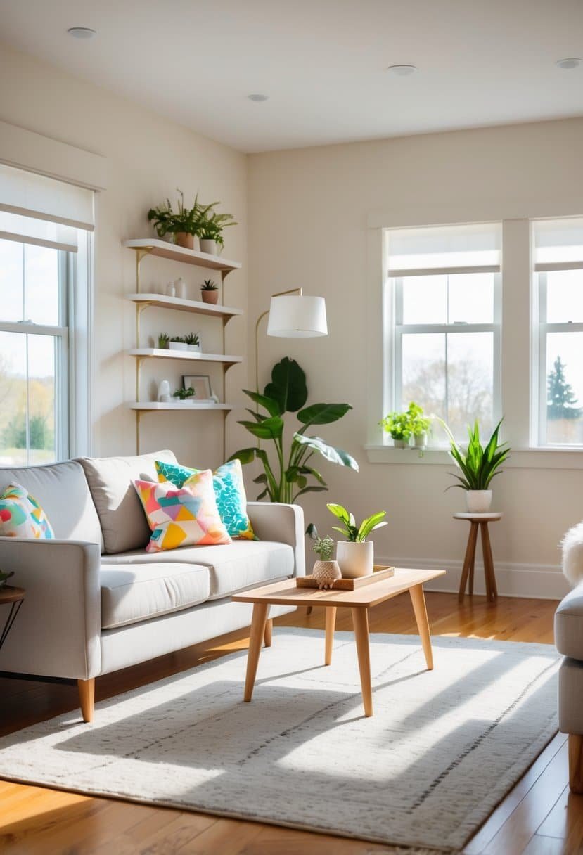 A bright living room with off-white walls, a gray sofa, wooden coffee table, and green plants.