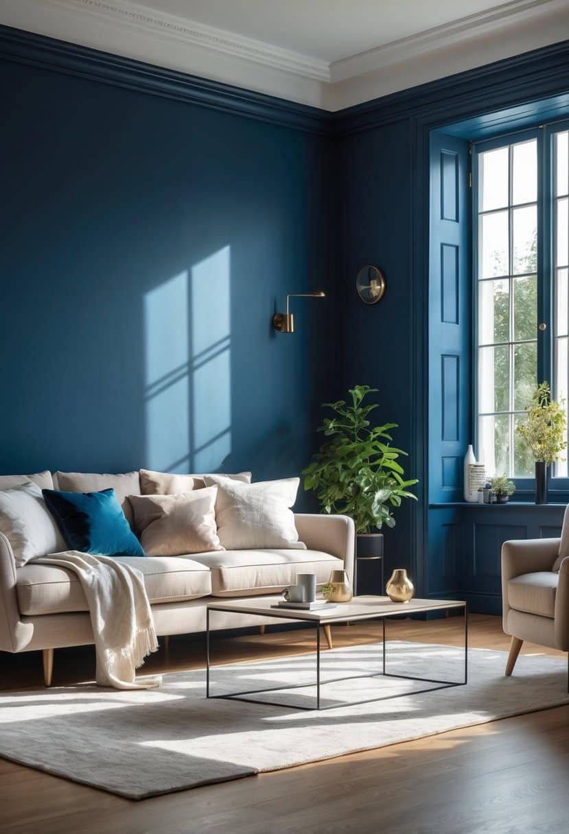 Living room with deep blue walls, a sofa, coffee table, and natural light coming through large windows.