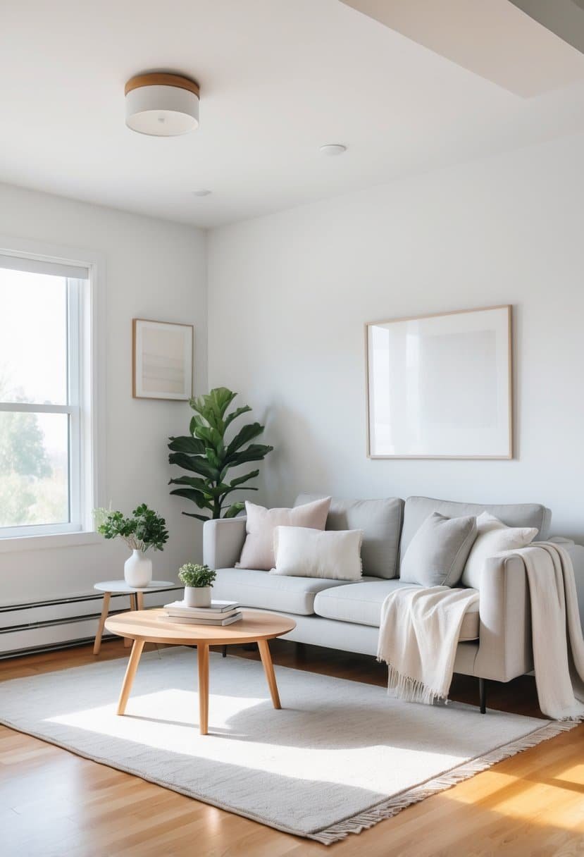 A bright living room with white walls, a gray sofa, a wooden coffee table, and a large window letting in natural light.