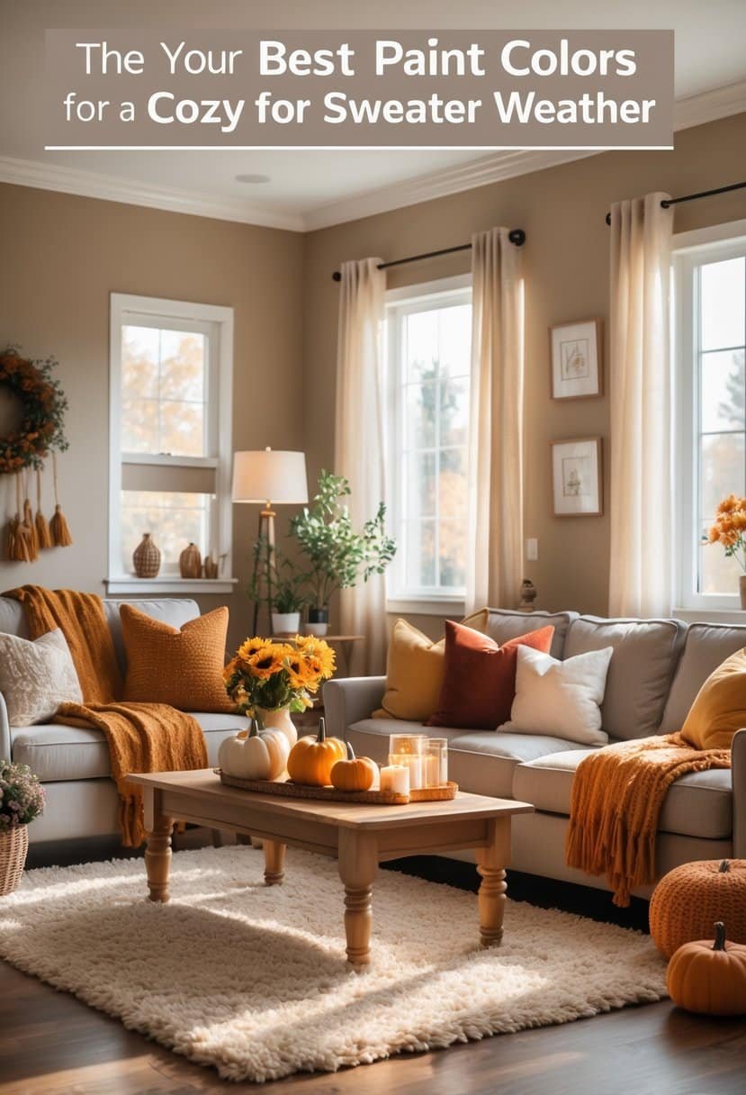 A warm and cozy living room with soft, neutral-colored walls, a comfortable sofa with autumn-colored cushions and blankets, a wooden coffee table with seasonal decorations, natural light coming through large windows, and potted plants.