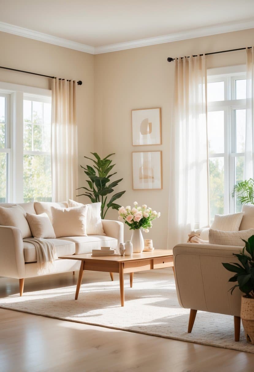 A bright living room with creamy off-white walls, beige sofa, wooden coffee table, plants, and large windows letting in natural light.