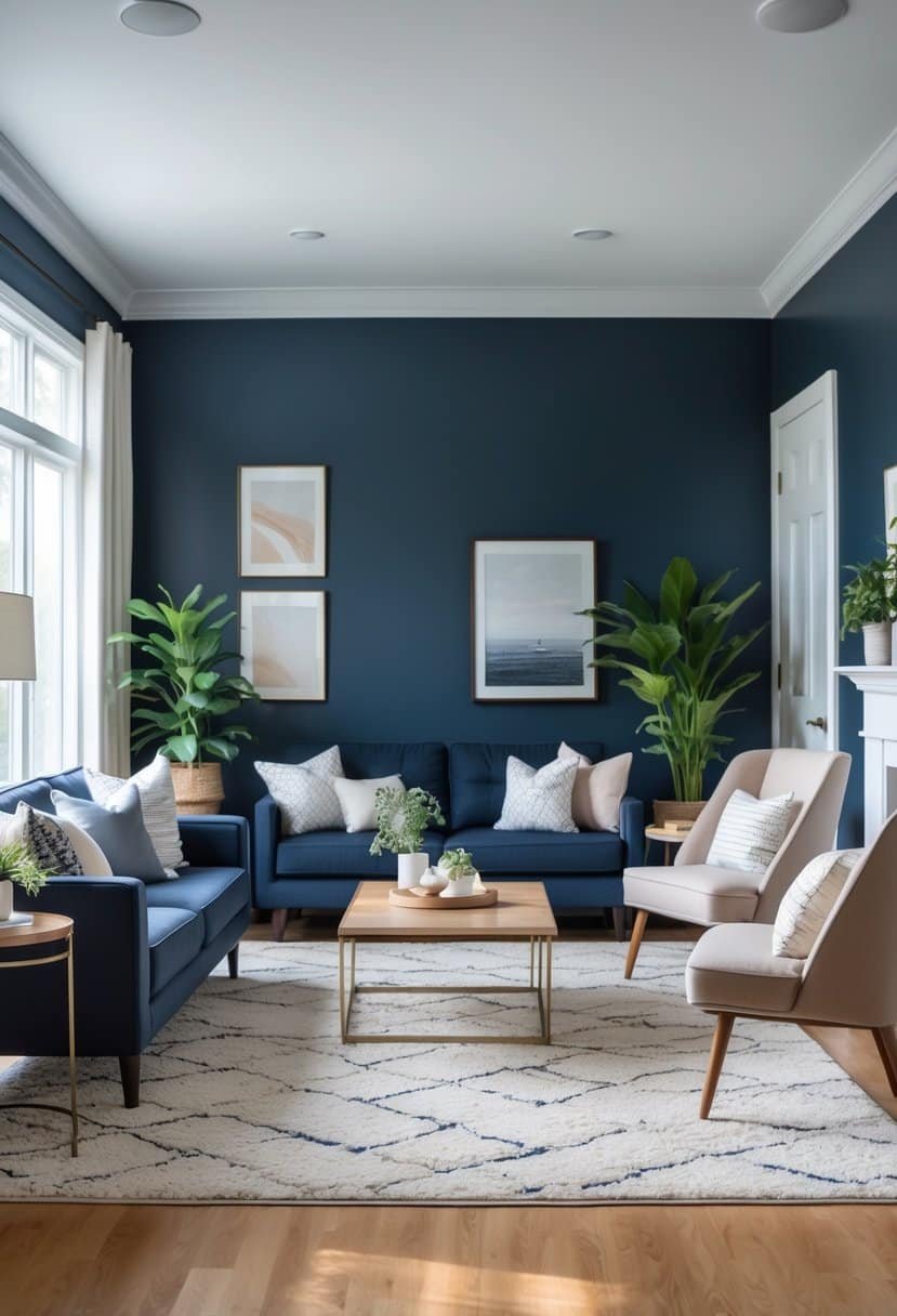 A living room with deep navy blue walls, a sofa, chairs, coffee table, plants, and natural light coming through large windows.