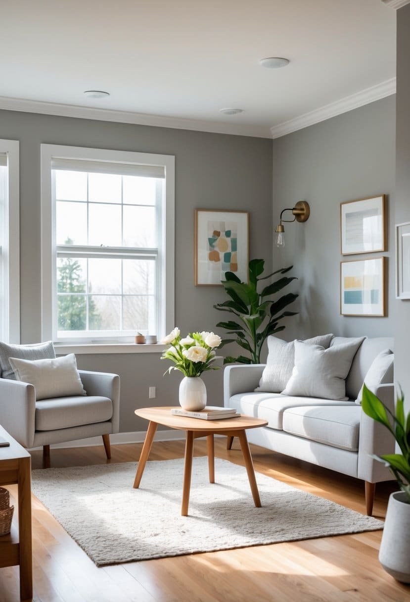 A living room with soft gray walls, a light gray sofa, wooden coffee table with flowers, large window, and green plants.