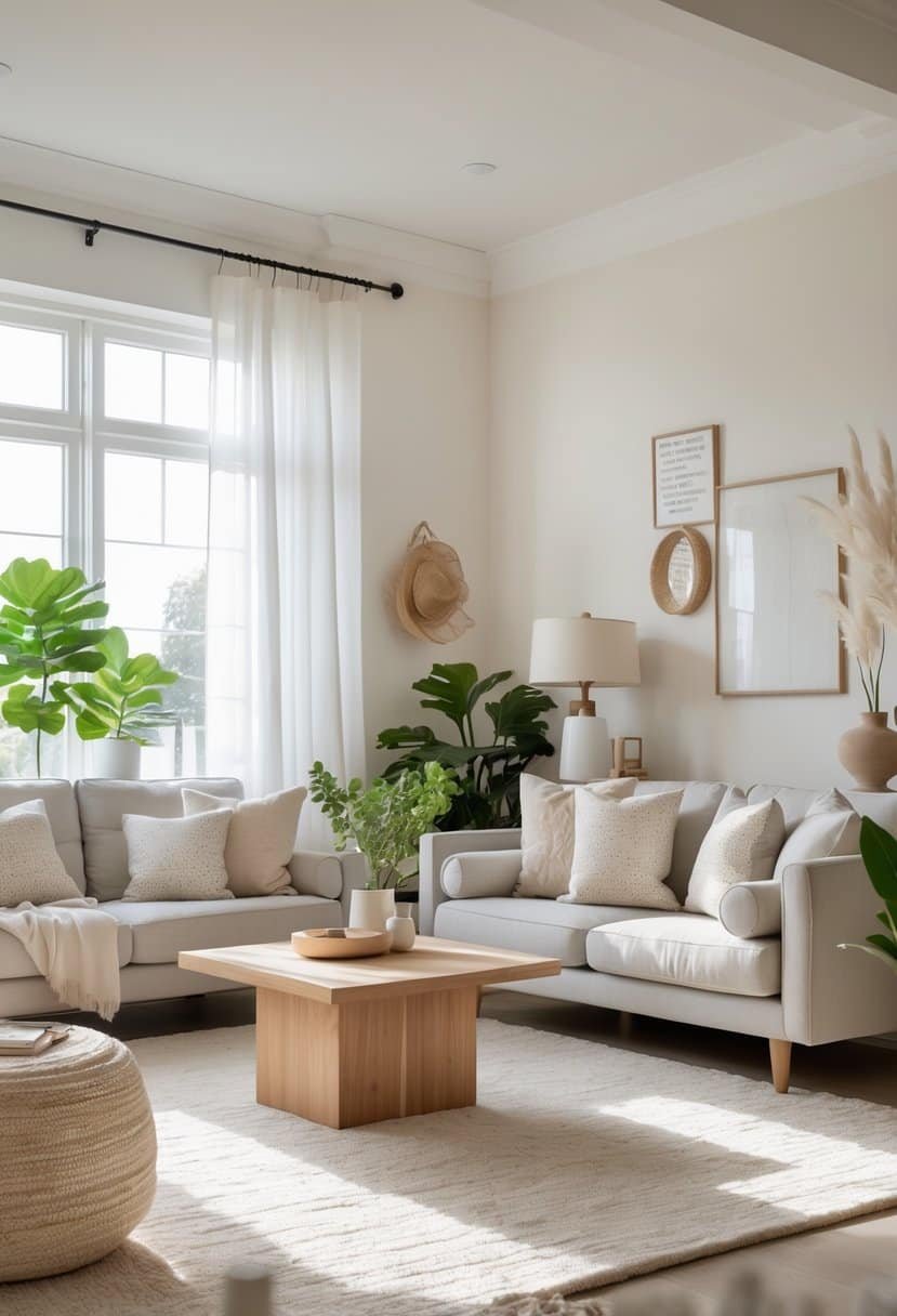 A bright living room with off-white walls, a gray sofa, wooden coffee table, plants, and large windows letting in natural light.