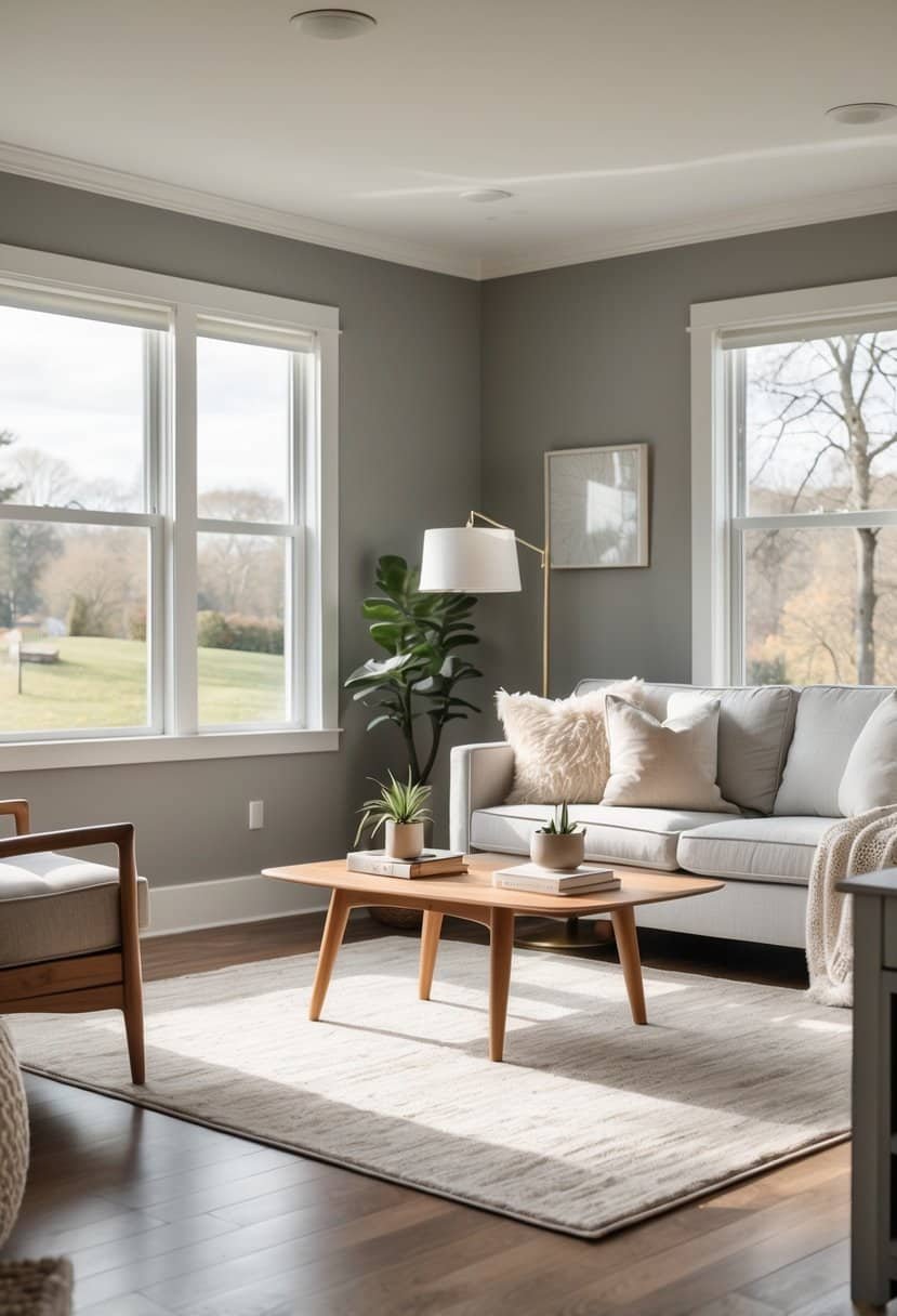 A living room with gray painted walls, a sofa, coffee table, floor lamp, and natural light from large windows.
