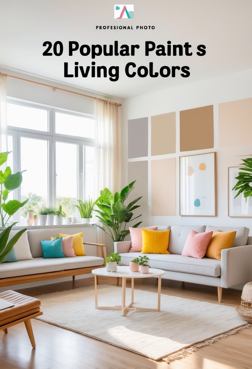 A well-lit living room with walls painted in different soft colors, furnished with a sofa, coffee table, plants, and a rug.