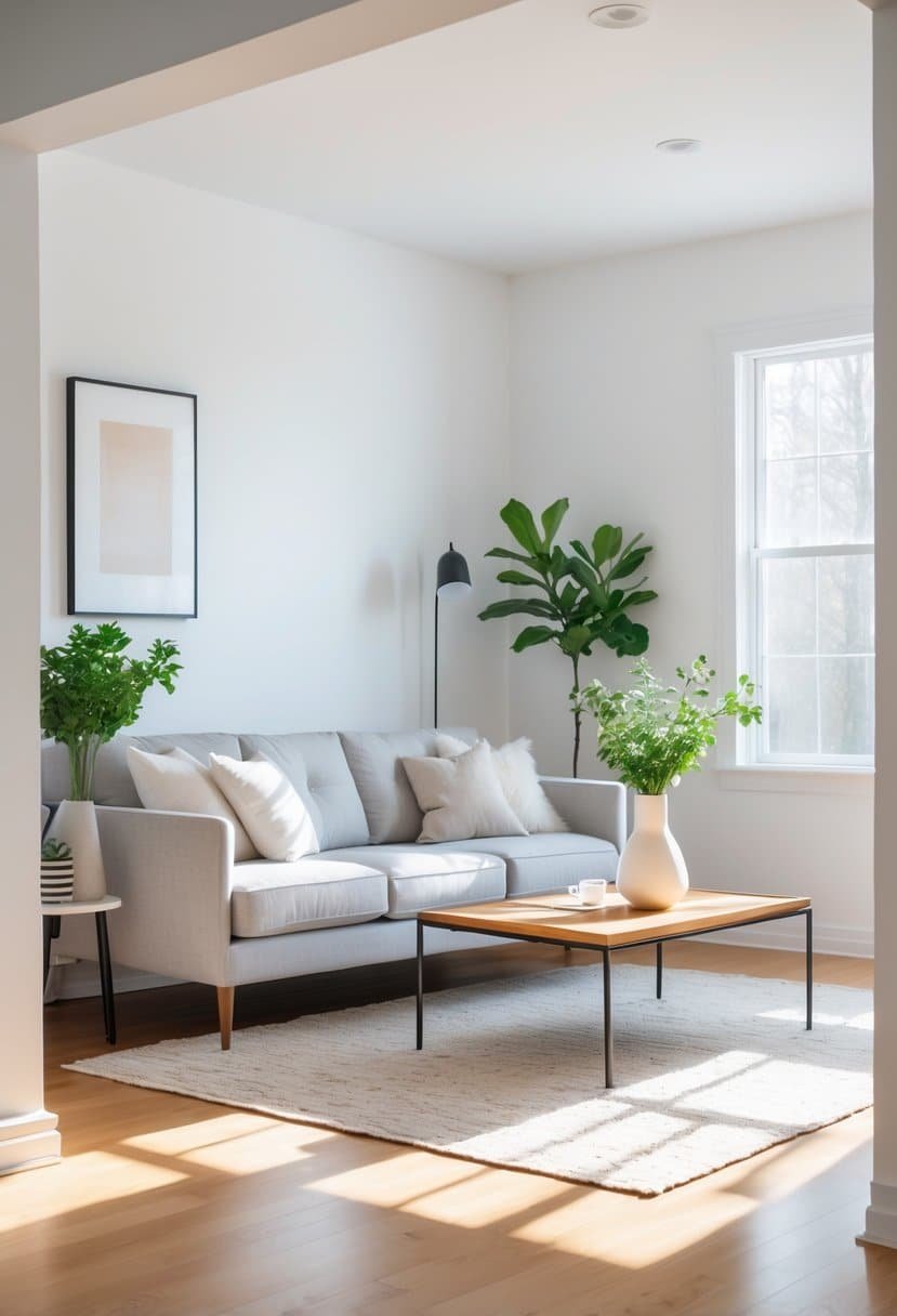 A bright living room with white walls, a gray sofa, wooden coffee table, green plants, and large windows letting in natural light.