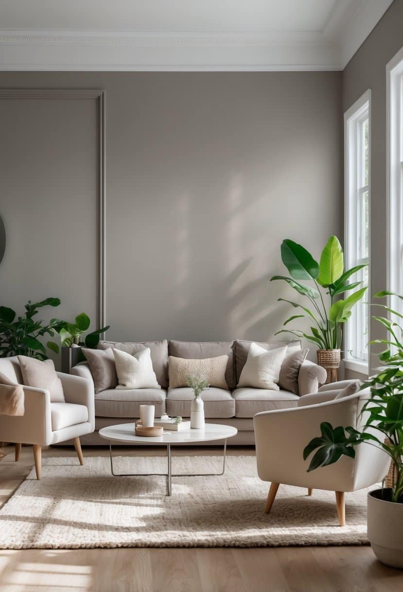 A living room with gray walls, a sofa, armchairs, coffee table, rug, and indoor plants.