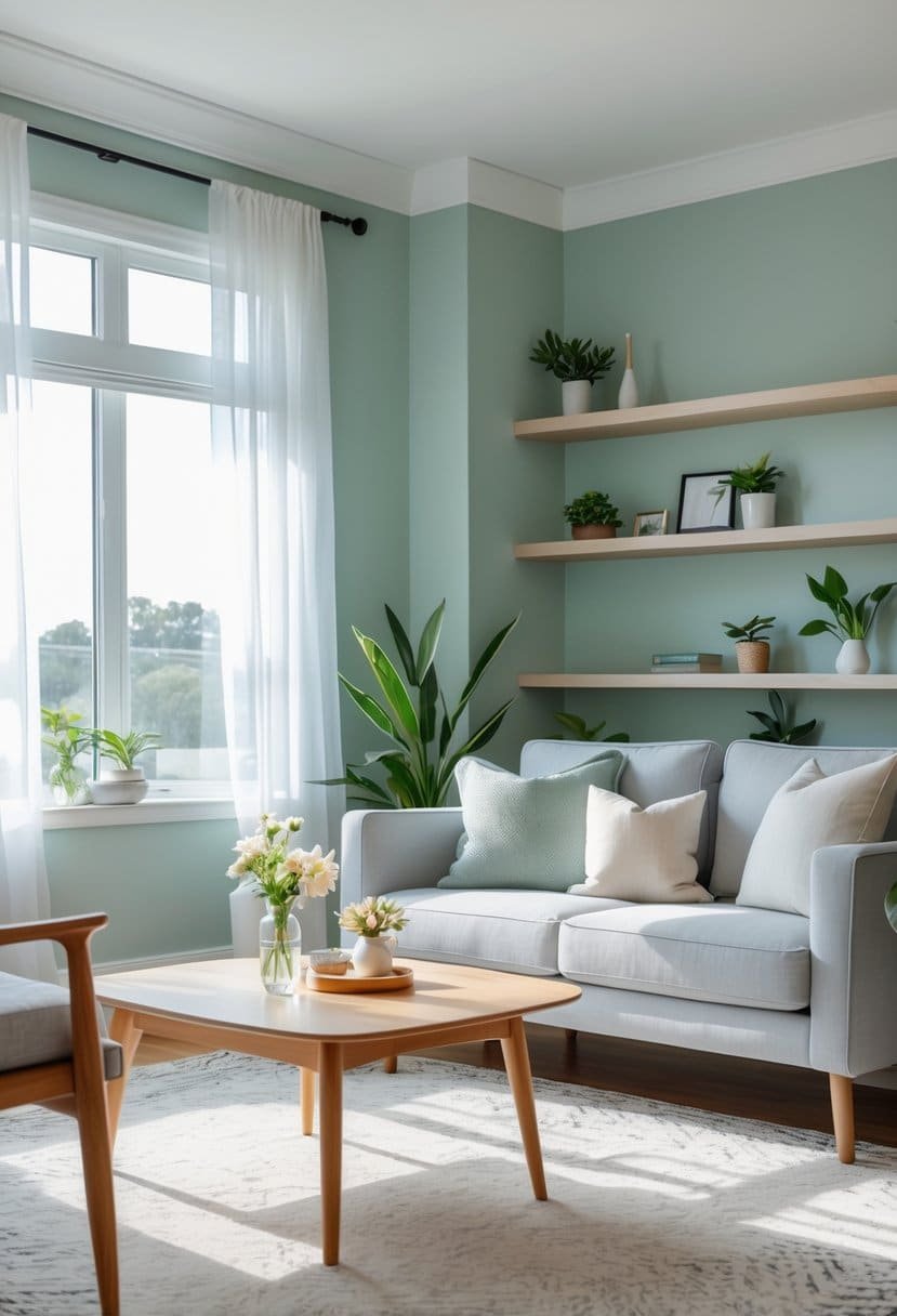 A modern living room painted in a soft greenish-blue color with a gray sofa, wooden coffee table, and natural light coming through large windows.