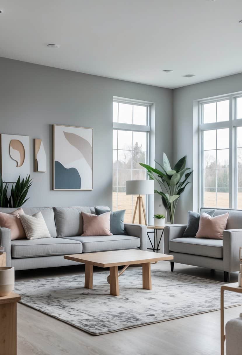 A bright living room with gray walls, a gray sofa, wooden coffee table, plants, and large windows letting in natural light.