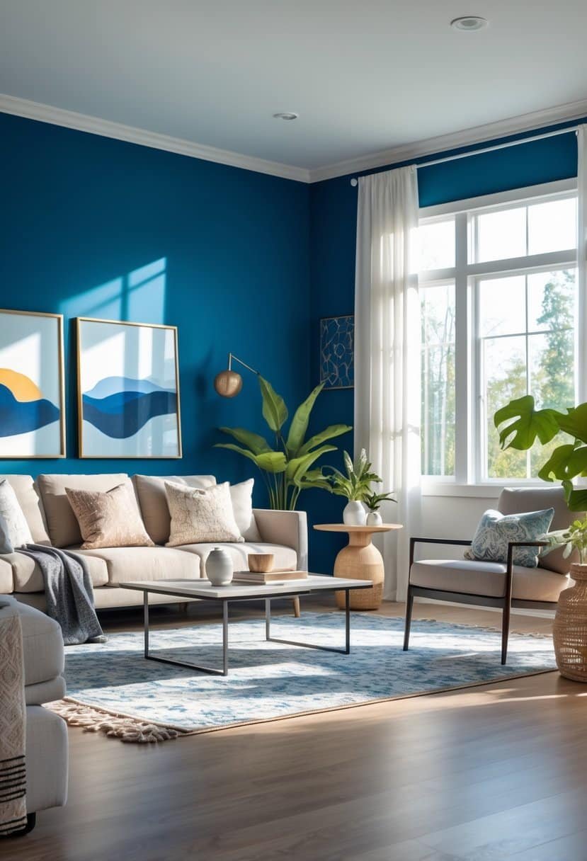 A living room with blue painted walls, a sofa, coffee table, plants, and natural light coming through windows.