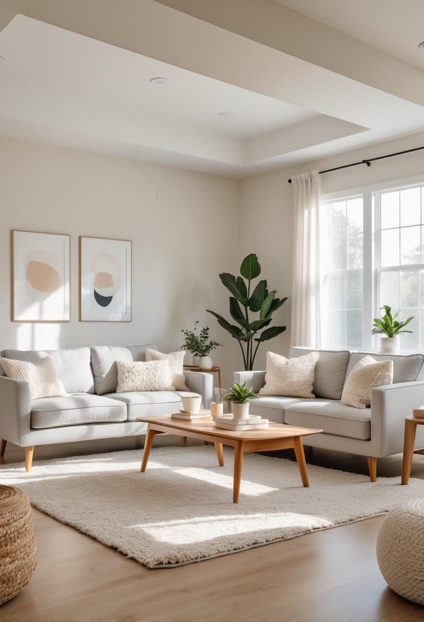 A bright living room with off-white walls, a gray sofa, wooden coffee table, and indoor plants.