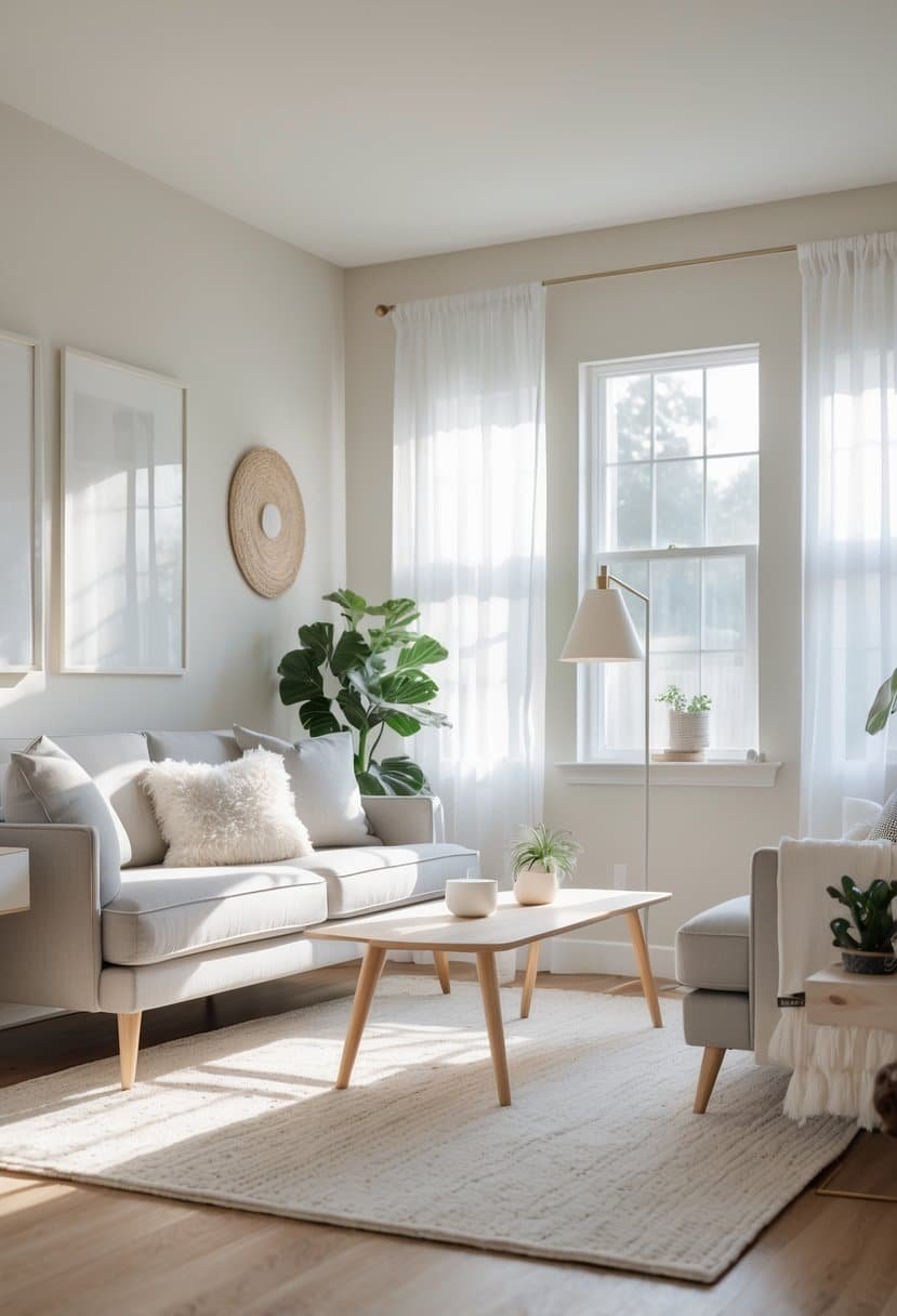 A bright living room with off-white walls, a gray sofa, wooden coffee table, floor lamp, and natural light coming through large windows.