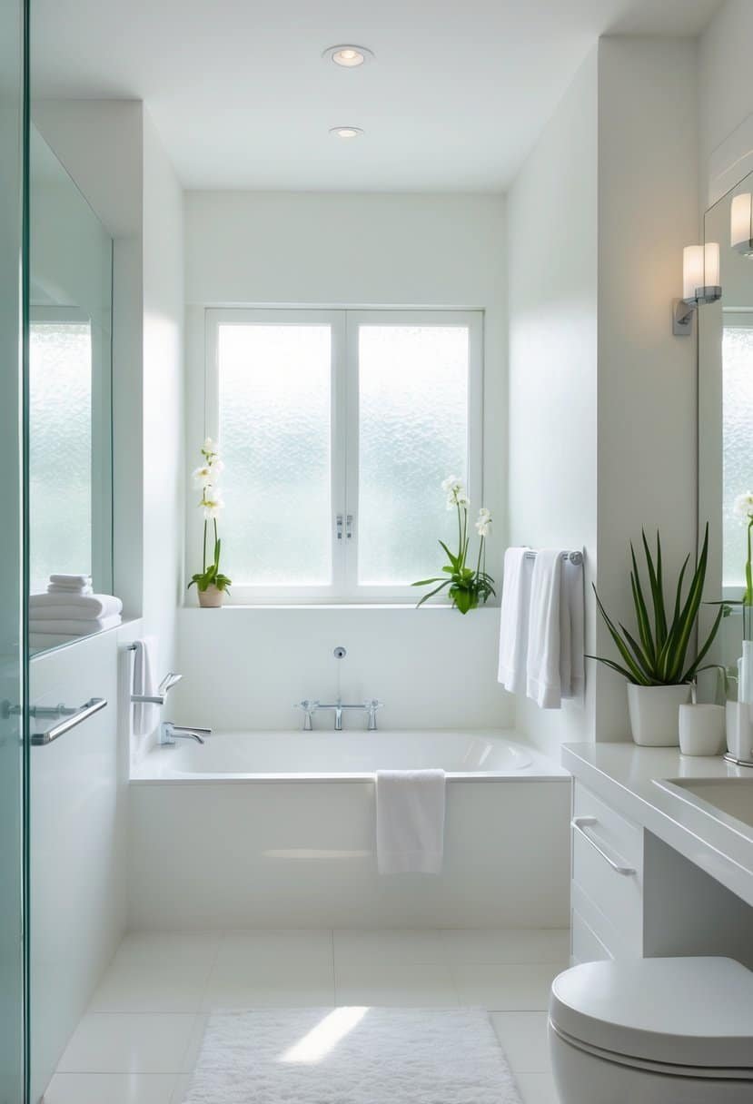 A bright bathroom with soft white walls, a white bathtub, vanity, towels, and green plants.