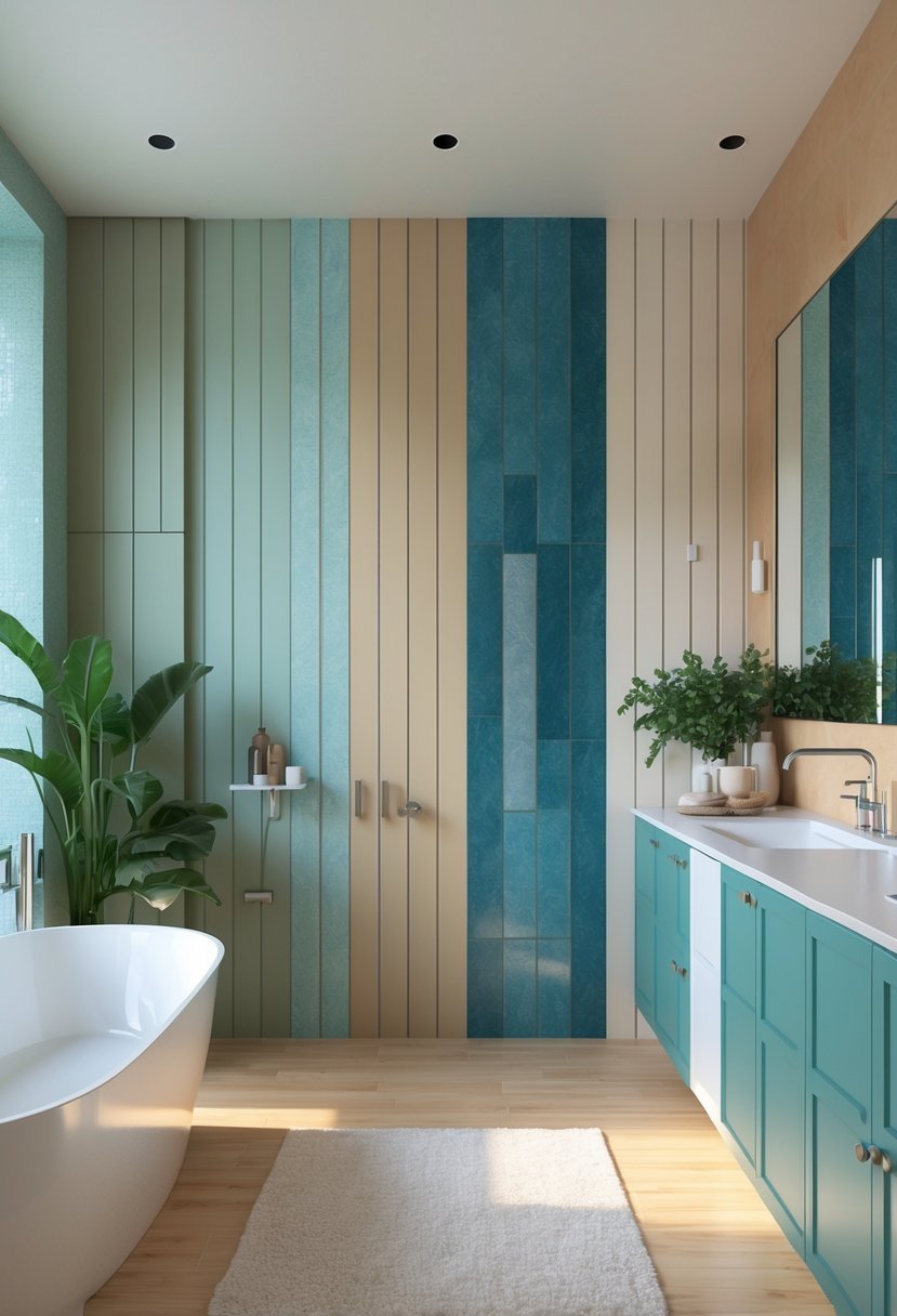 A modern bathroom interior with a variety of paint colors on the walls and cabinetry, featuring a white bathtub, plants, and natural lighting.