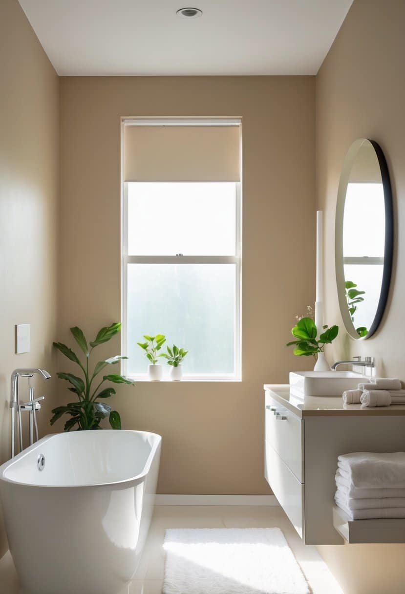 A modern bathroom with beige walls, a white bathtub, vanity with mirror, and small green plants.