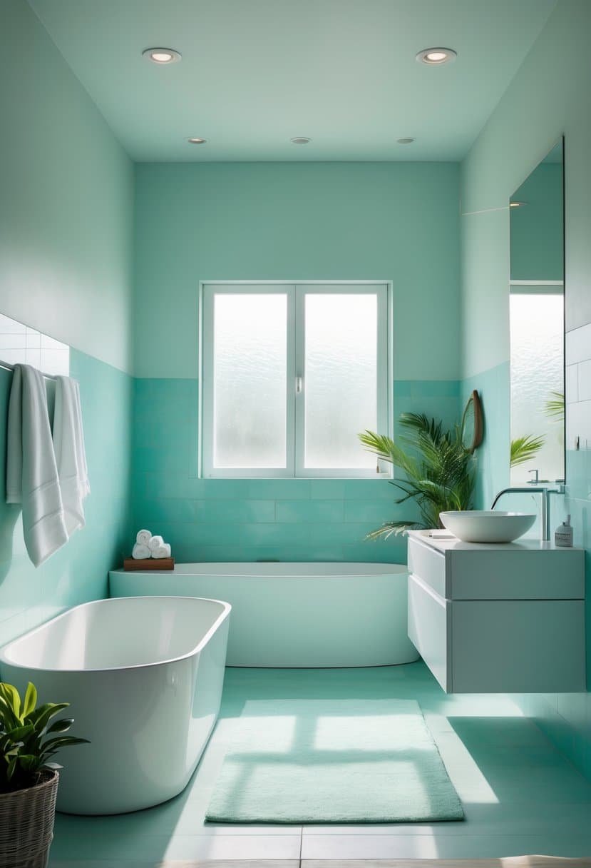 A modern bathroom with light blue-green walls, a white bathtub, a vanity with a mirror, and natural light coming through a window.