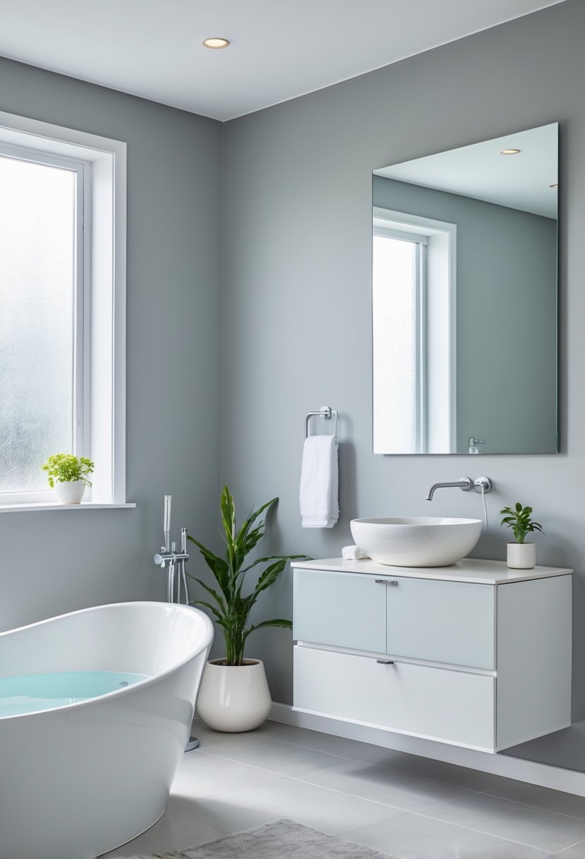 A modern bathroom with light gray walls, a white bathtub, a white vanity with a vessel sink, a large mirror, and a small potted plant.