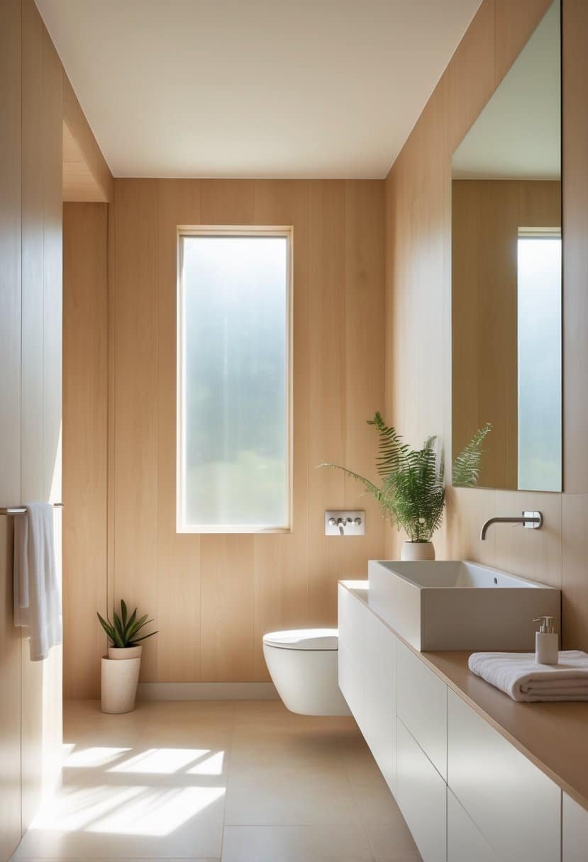 A bathroom with pale oak colored walls, a white vanity, a large mirror, natural light, and simple decor.