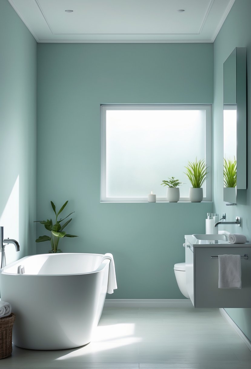 A modern bathroom with soft gray, blue, and green walls, a white bathtub, vanity with mirror, and natural light coming through a frosted window.