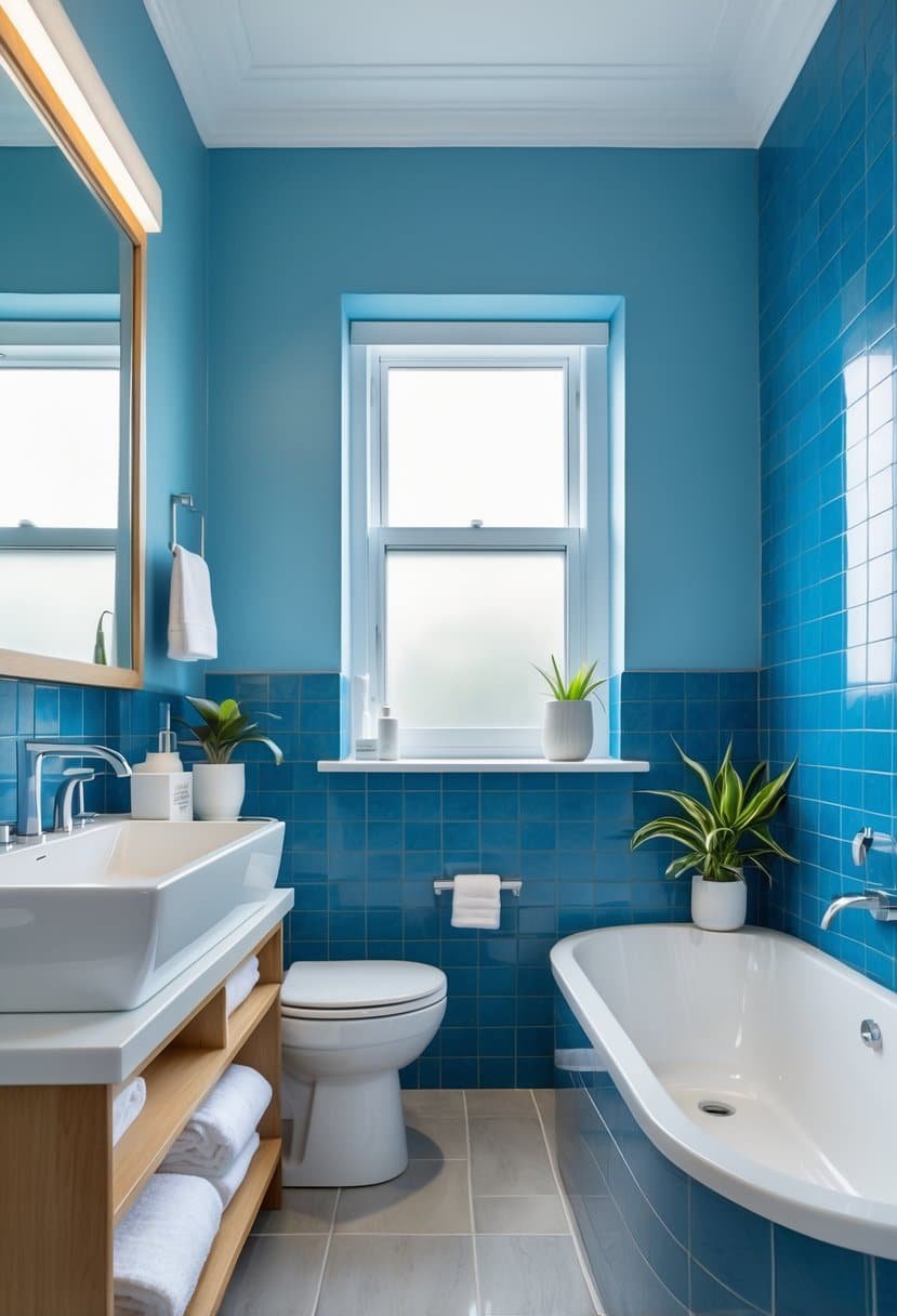 A bright bathroom with classic blue painted walls, a white sink, a bathtub, and bathroom accessories arranged neatly.