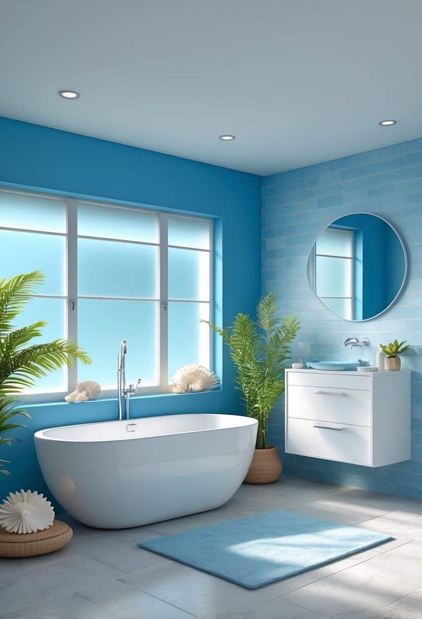 A bright bathroom with a white bathtub, blue walls, a round mirror, plants, and natural light coming through a window.