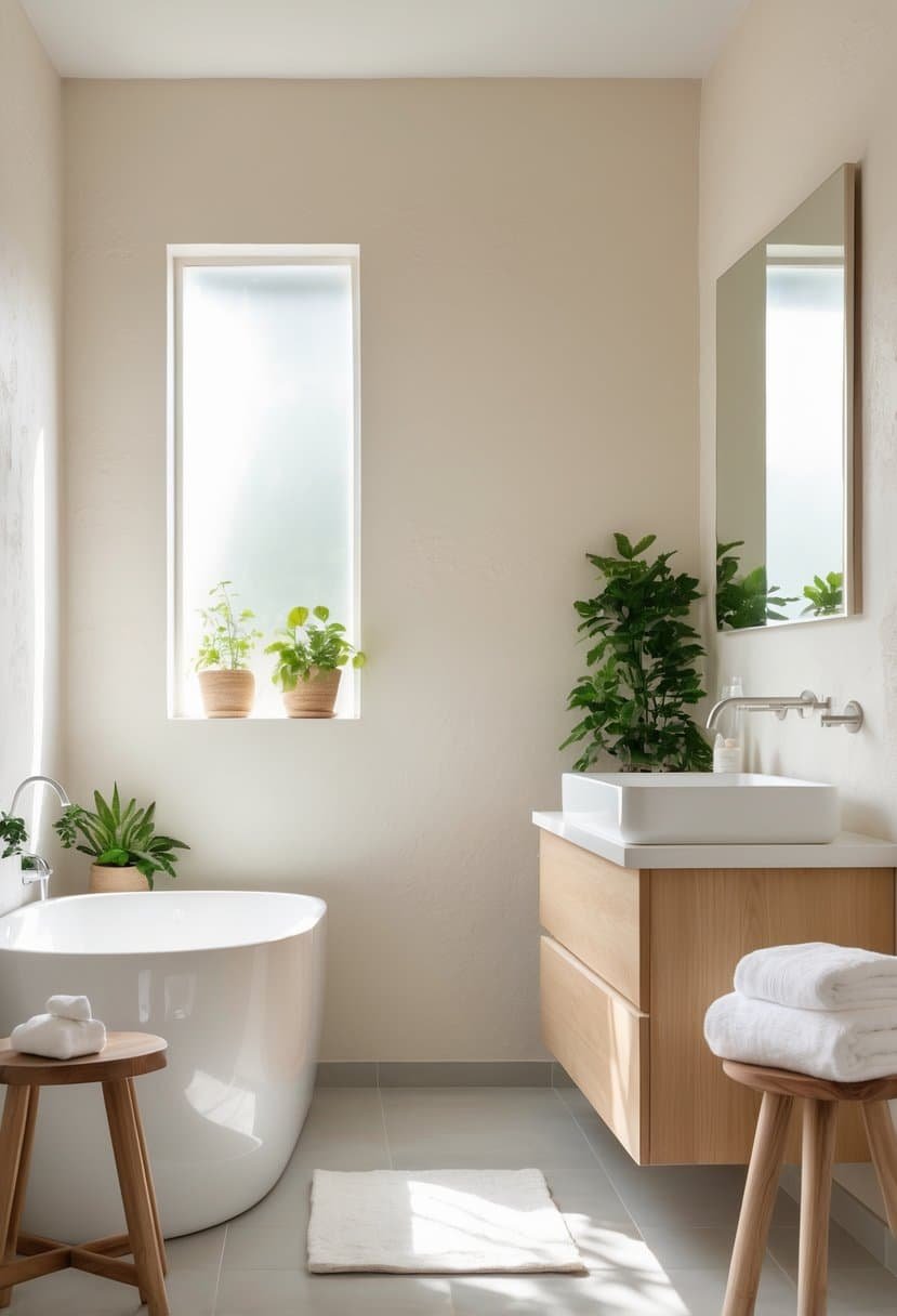 A bright bathroom with bleached linen colored walls, a white bathtub, wooden vanity, green plants, and natural light coming through a window.