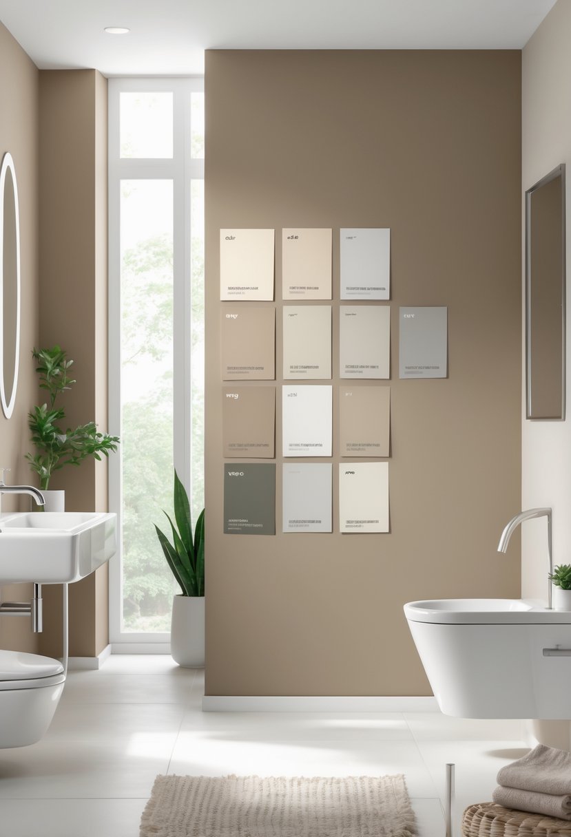A modern bathroom with a neutral putty-colored wall and multiple paint color samples displayed around the room, featuring a sink, mirror, and minimal accessories.