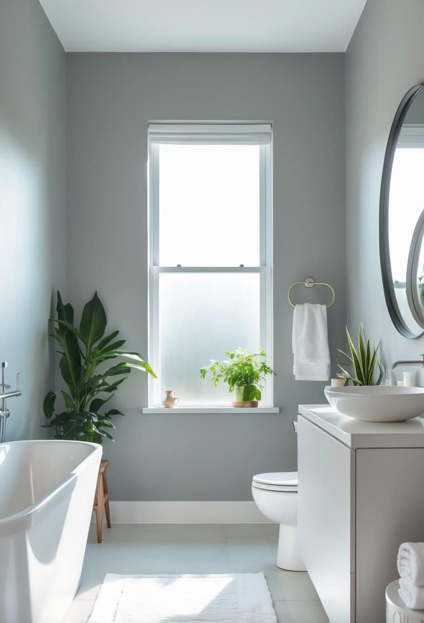 A modern bathroom with gray walls, a white bathtub, a vanity with a mirror, and natural light coming through a window.
