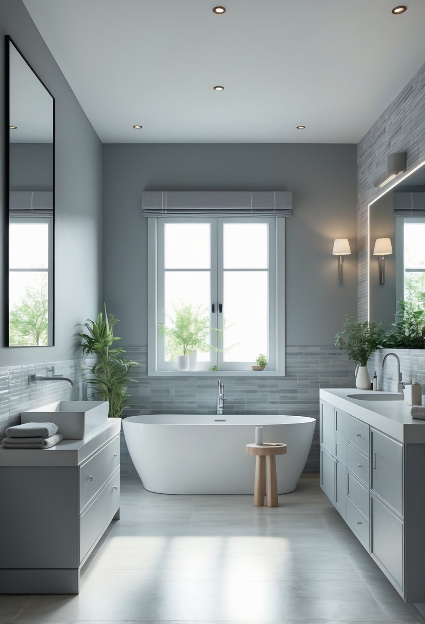 A modern bathroom with a freestanding bathtub, vanity, and various shades of gray paint on the walls and cabinetry.