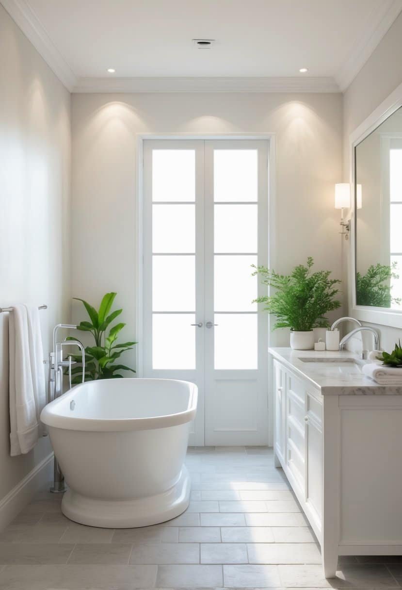 A bright and clean bathroom with white walls, a freestanding bathtub, vanity with marble countertop, green plants, and natural light.